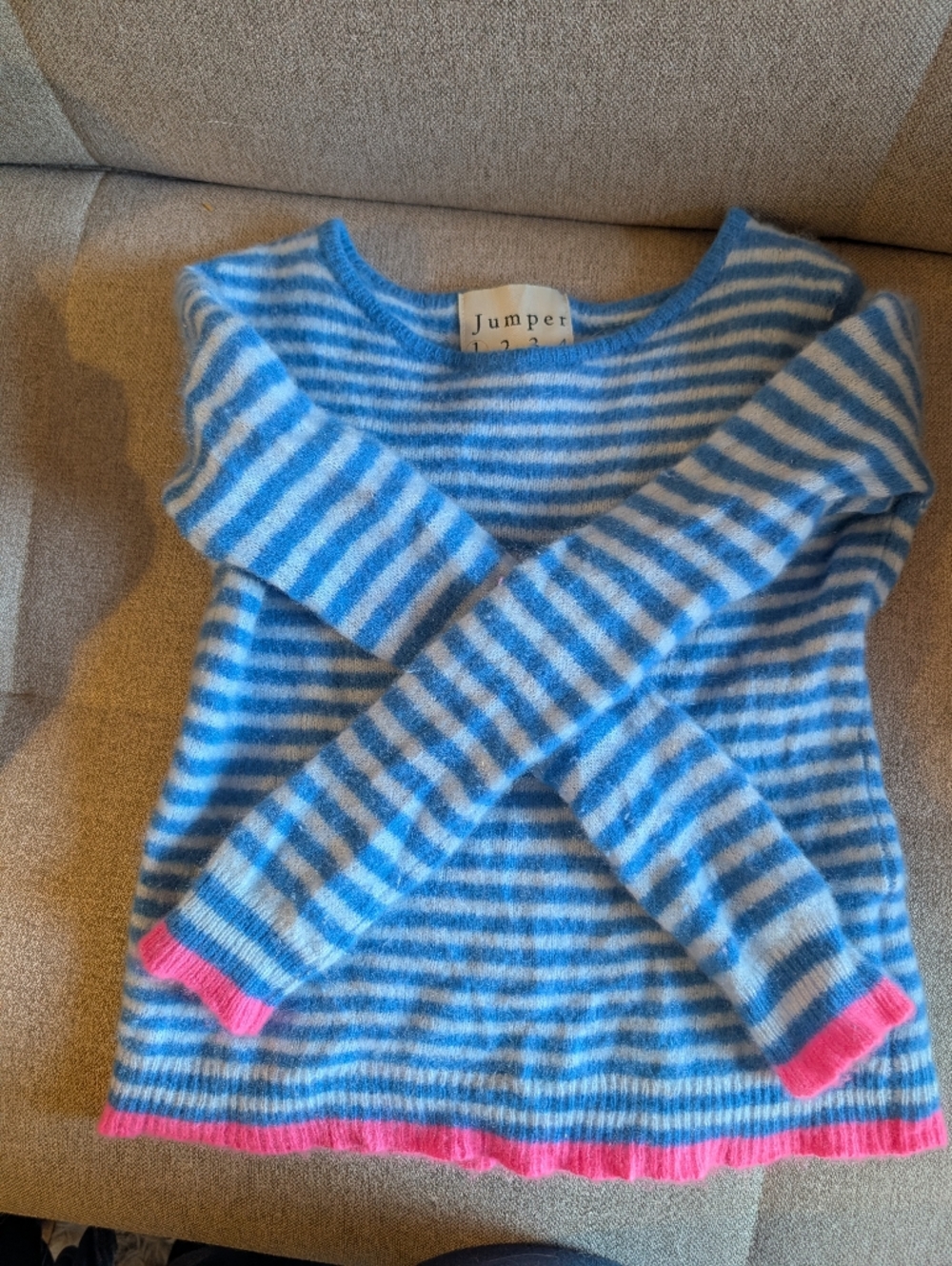 Blue & White Striped Wool Blend Sweater with Pink Trim